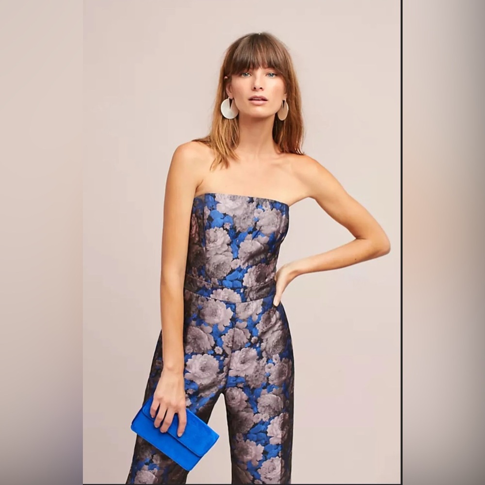 Greylin Anthropologie Blue and Bronze Pewter Brocade Jacquard Print Jumpsuit M
